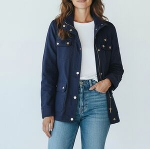 J Crew Downtown Field Jacket Waxed Cotton Utility Blue Gold Buttons Women’s Sz S